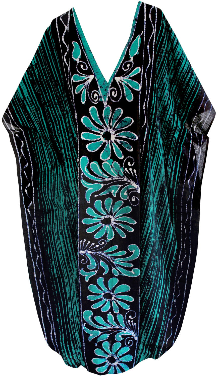 la-leela-100%-cotton-batik-womens-kaftan-kimono-summer-beachwear-cover-up-dress-Green