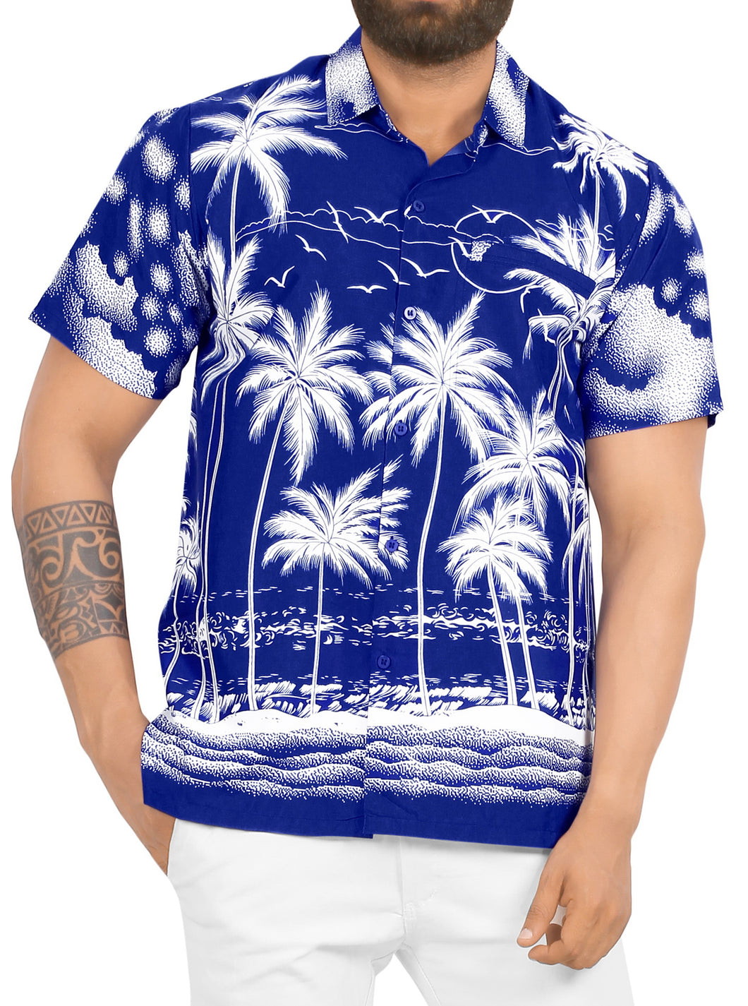 LA LEELA Men Regular Beach Casual hawaiian Shirt for Aloha Tropical Beach front Short sleeve Palm Tree Printed Blue P00012