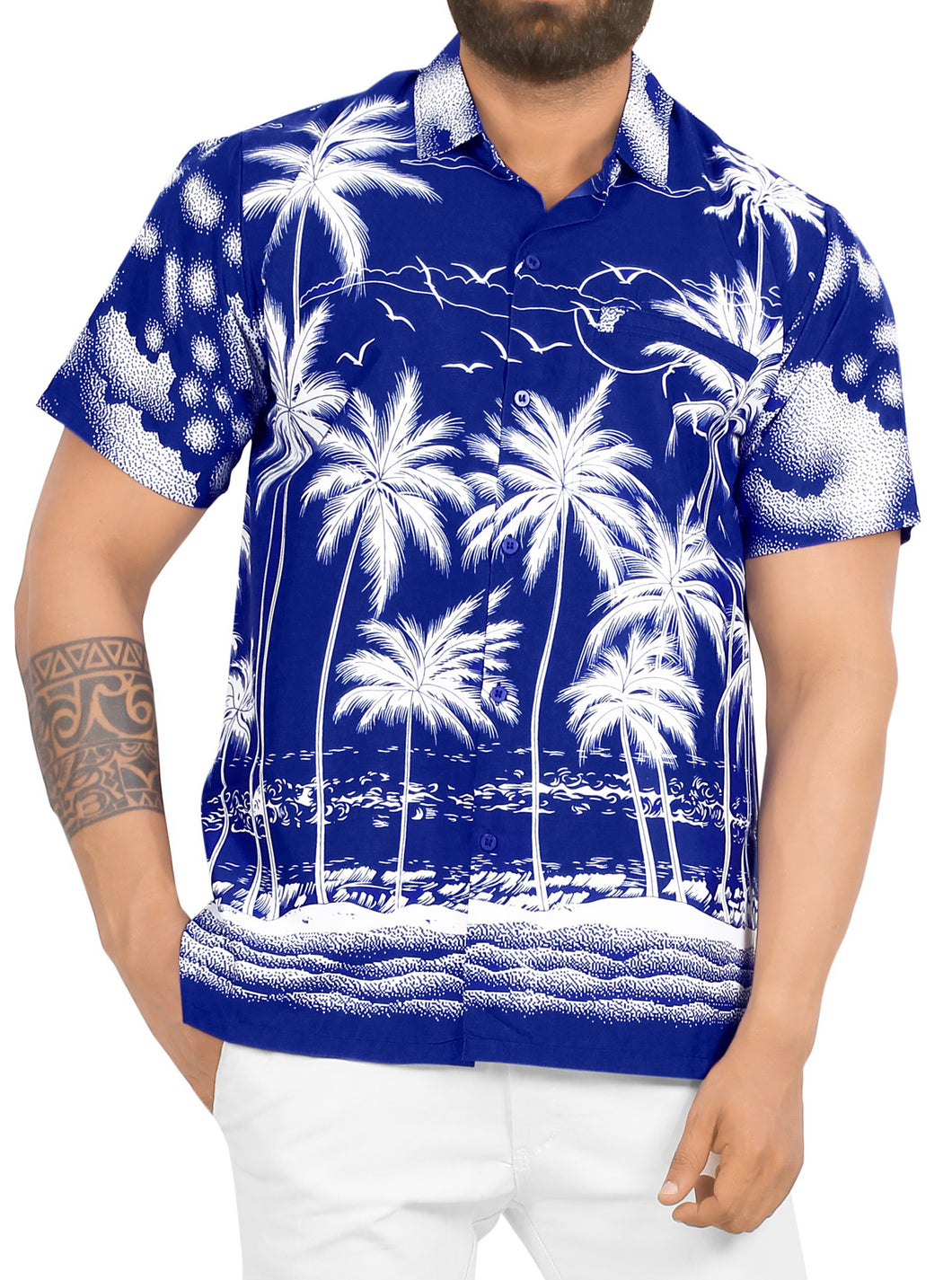LA LEELA Men Regular Beach Casual hawaiian Shirt for Aloha Tropical Beach front Short sleeve Palm Tree Printed Blue