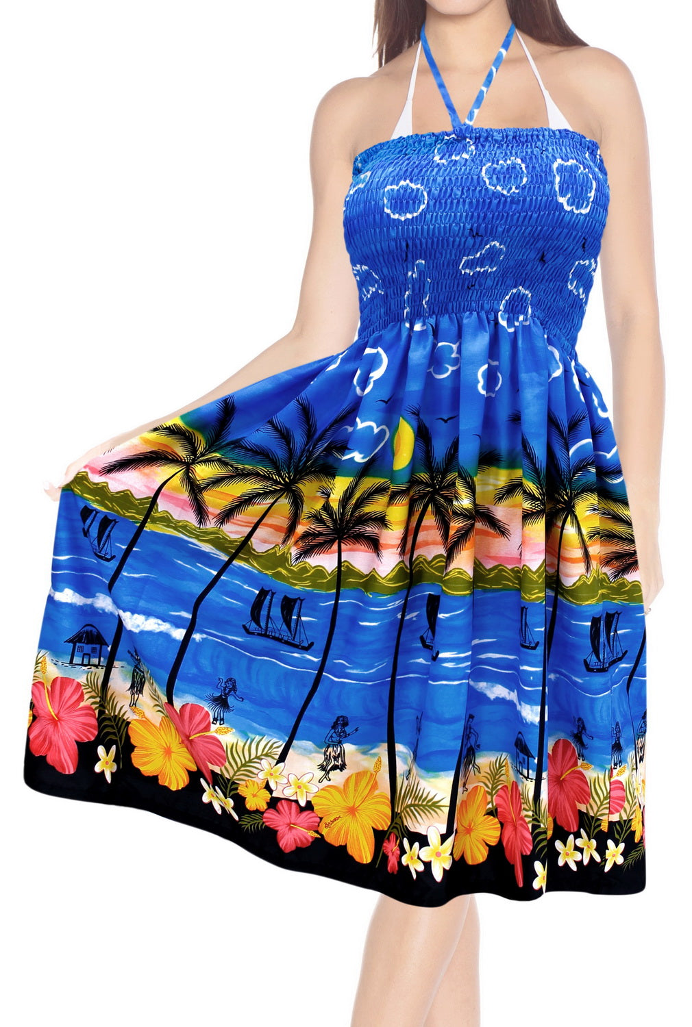 LA LEELA Halter Neck Tube Dress Beachwear Palm Tree Floral Print For Women Hawaiian Female Skirt Swimsuit Coverup