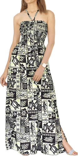 LA LEELA Long Maxi Halter Neck Tube Dress For Women With Turtle And Leaf Print All Over Casual And Chic Homewear Summerdress