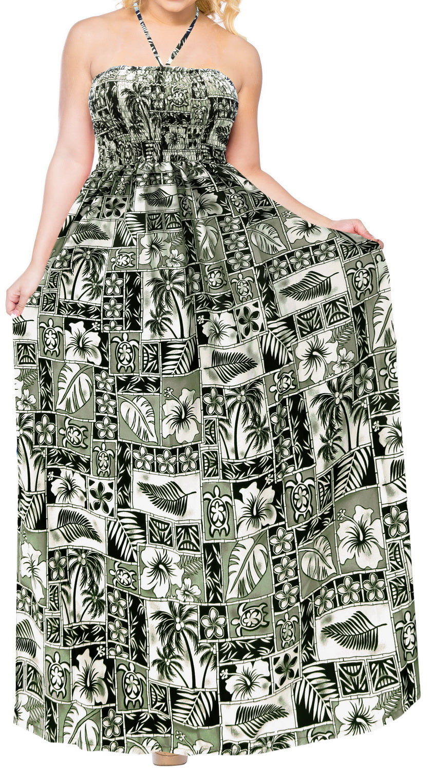 LA LEELA Long Maxi Tube Dress With Palm Tree And Leaves Print All Over Halter Neck Boho Casual Everyday Chic Outfit Female