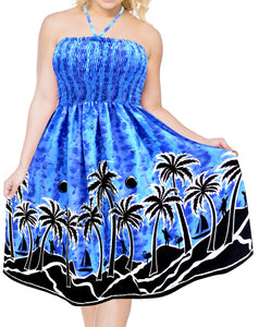 LA LEELA Tie Die Feel Halter Neck Tube Dress Beachwear Palm Tree Floral Print For Women Hawaiian Female Skirt Swimsuit Coverup