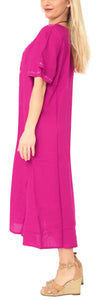 La Leela Women's Pink Maxi Dress With Neck Border Embroidery Front Cut L - XL