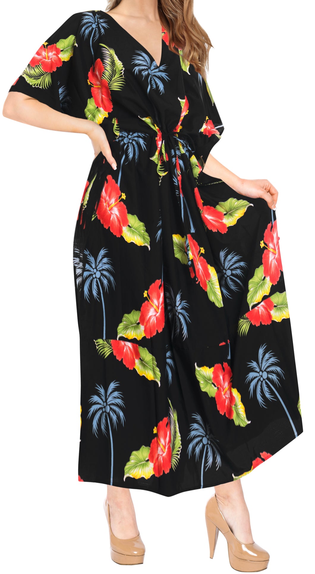 LA LEELA Women's Kaftan Nightgown Lounge Dress Sleepwear Cover Ups Black Floral Printed