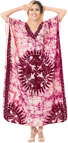 la-leela-100-cotton-batik-womens-kaftan-kimono-summer-beachwear-cover-up-dress-OSFM 14-18W [L- 2X]-Maroon_Q325