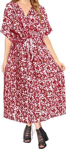 la-leela-100-cotton-batik-womens-kaftan-kimono-summer-beachwear-cover-up-dress-OSFM 14-18W [L- 2X]-Blood Red_Q270
