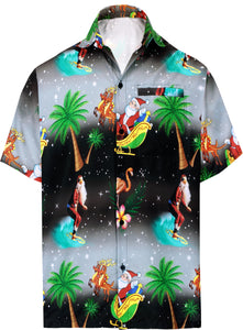 LA LEELA Men's Casual Beach hawaiian Shirt Aloha Christmas Santa front Pocket Short sleeve Black_W579