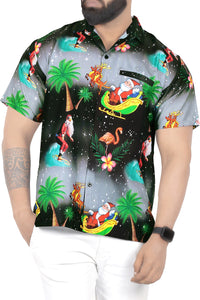 LA LEELA Men's Casual Beach hawaiian Shirt Aloha Christmas Santa front Pocket Short sleeve Black_W579