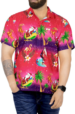 LA LEELA Men's Casual Beach hawaiian Shirt Aloha Christmas Santa front Pocket Short sleeve Pink_W582