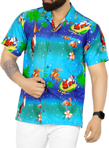 LA LEELA Men's Casual Beach hawaiian Shirt Aloha Christmas Santa front Pocket Short sleeve Blue_W580