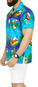 LA LEELA Men's Casual Beach hawaiian Shirt Aloha Christmas Santa front Pocket Short sleeve Blue_W580