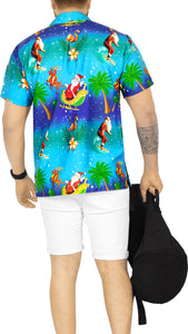 LA LEELA Men's Casual Beach hawaiian Shirt Aloha Christmas Santa front Pocket Short sleeve Blue_W580