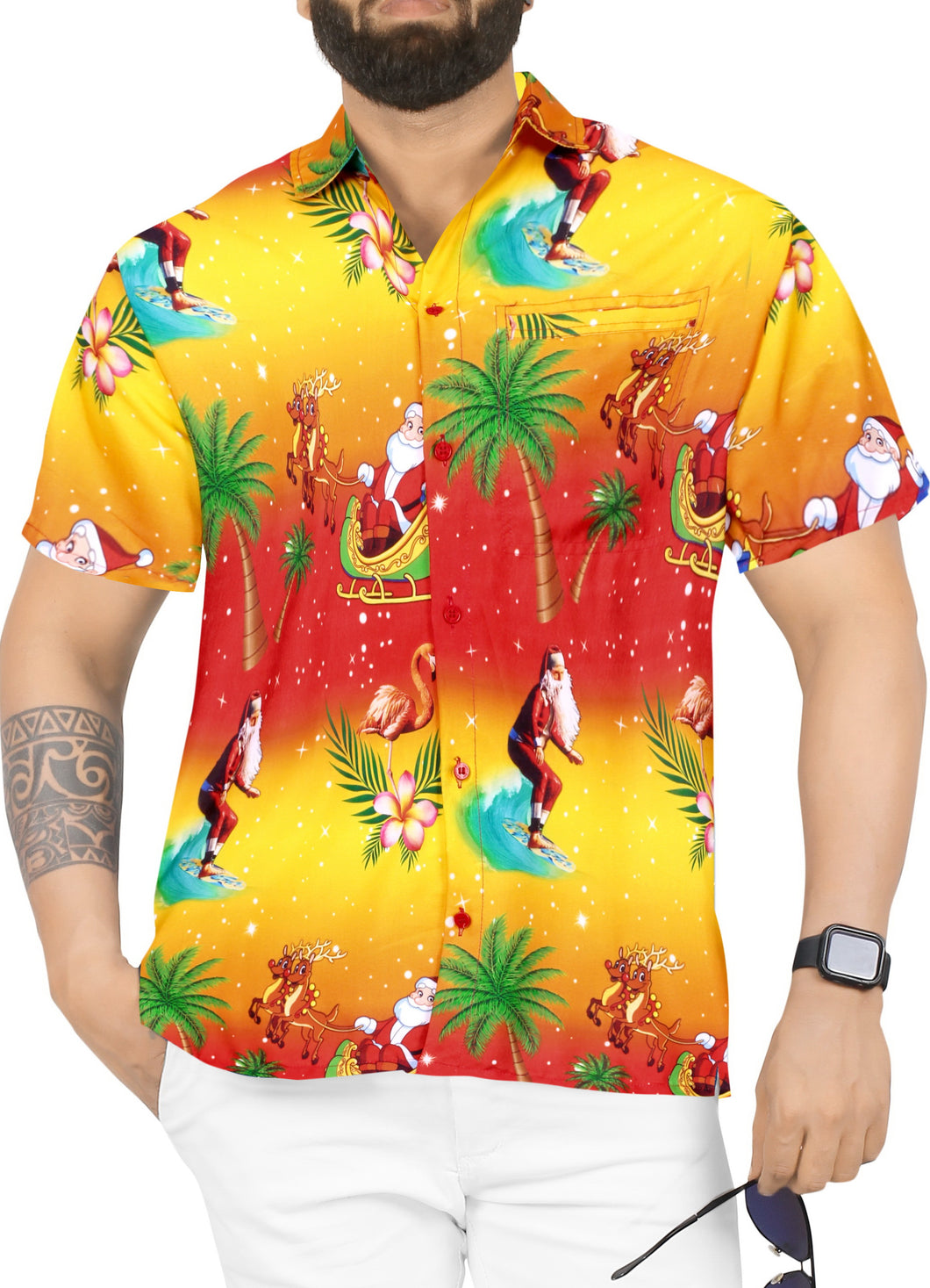 LA LEELA Men's Casual Beach hawaiian Shirt Aloha Christmas Santa front Pocket Short sleeve Orange_W581