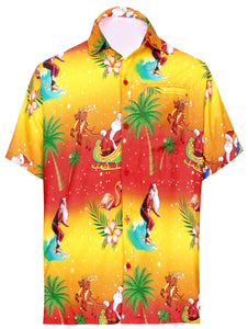 LA LEELA Men's Casual Beach hawaiian Shirt Aloha Christmas Santa front Pocket Short sleeve Orange_W581