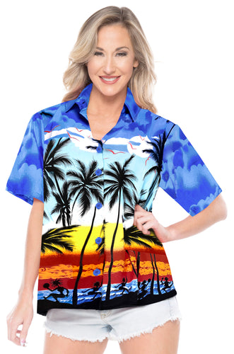 LA LEELA Women's Beach Casual Hawaiian Blouse Short Sleeve button Down Shirt TOPs Palm Tree printed Blue