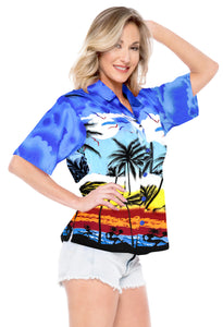 LA LEELA Women's Beach Casual Hawaiian Blouse Short Sleeve button Down Shirt TOPs Palm Tree printed Blue