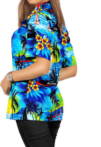 LA LEELA Women's Beach Casual Hawaiian Blouse Short Sleeve button Down Shirt Tank top Blue