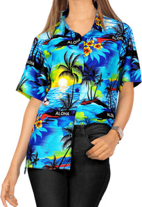 LA LEELA Women's Beach Casual Hawaiian Blouse Short Sleeve button Down Shirt Tank top Blue