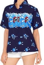 Load image into Gallery viewer, La Leela Women&#39;s Causal Halloween Skull Cross &amp; Pirates Printed Bright Blue Shirt