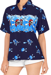 La Leela Women's Causal Halloween Skull Cross & Pirates Printed Bright Blue Shirt