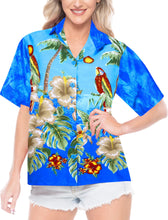 Load image into Gallery viewer, la-leela-womens-parrot-grove-relaxed-fit-beach-hawaiian-aloha-tropical-short-sleeve-blouse-printed-shirt-blue