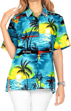 Load image into Gallery viewer, LA LEELA Women&#39;s Beachy Hawaiian Blouse Swim Summer Wear Short Sleeve Collar Shirt Teal Blue