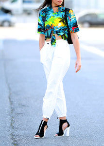 LA LEELA Women's Beachy Hawaiian Blouse Swim Summer Wear Short Sleeve Collar Shirt Teal Blue