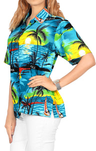 LA LEELA Women's Beachy Hawaiian Blouse Swim Summer Wear Short Sleeve Collar Shirt Teal Blue