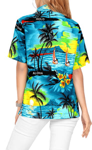 LA LEELA Women's Beachy Hawaiian Blouse Swim Summer Wear Short Sleeve Collar Shirt Teal Blue