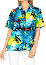 Load image into Gallery viewer, LA LEELA Women&#39;s Beachy Hawaiian Blouse Swim Summer Wear Short Sleeve Collar Shirt Teal Blue