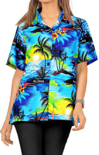 Load image into Gallery viewer, LA LEELA Women&#39;s Beach Casual Hawaiian Blouse Short Sleeve button Down Shirt Tank top Blue