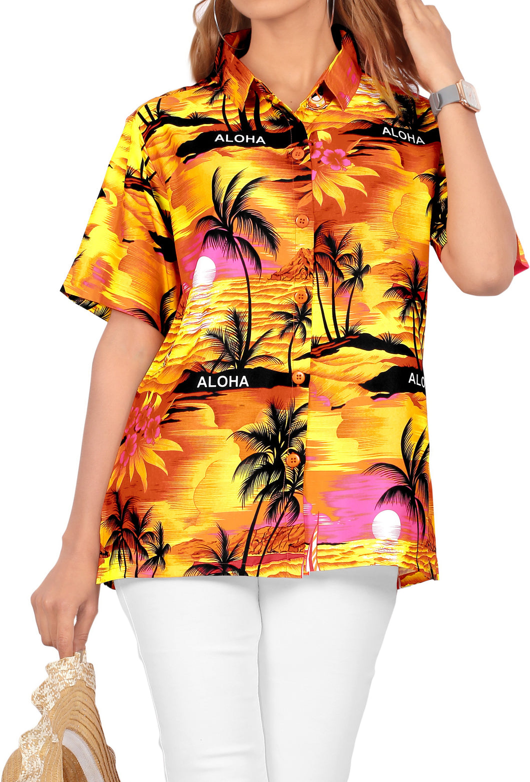 LA LEELA Women's Beach Casual Hawaiian Blouse Short Sleeve button Down Shirt Orange aloha