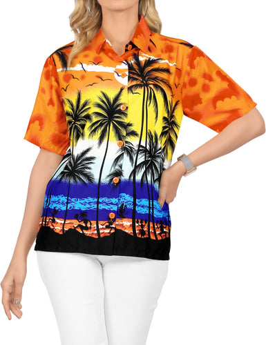 LA LEELA Women's Beach Casual Hawaiian Blouse Short Sleeve button Down Shirt Orange tropical