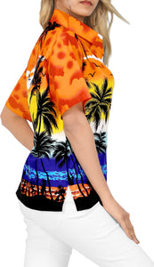 LA LEELA Women's Beach Casual Hawaiian Blouse Short Sleeve button Down Shirt Orange tropical