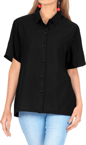 LA LEELA Women's Beach Casual Hawaiian Blouse Short Sleeve button Down Shirt Tank top Black