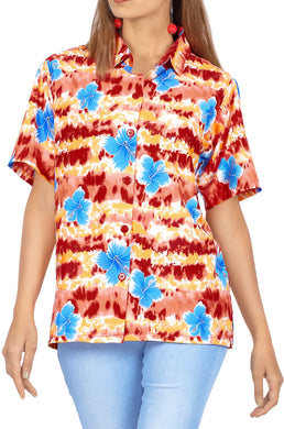 LA LEELA Women's Beach Casual Hawaiian Blouse Short Sleeve button Down Shirt Red tropicals