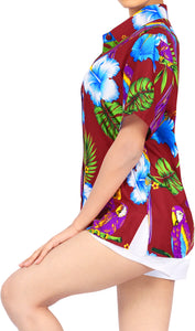 LA LEELA Women's Beach Casual Hawaiian Blouse Short Sleeve button Down Shirt Plus size Maroon