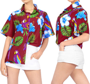 LA LEELA Women's Beach Casual Hawaiian Blouse Short Sleeve button Down Shirt Plus size Maroon