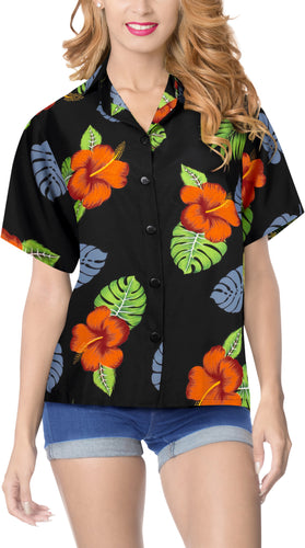 LA LEELA Women's Beach Casual Hawaiian Blouse Short Sleeve button Down Shirt Halloween Black_X38