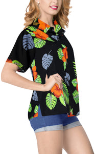 LA LEELA Women's Beach Casual Hawaiian Blouse Short Sleeve button Down Shirt Halloween Black_X38