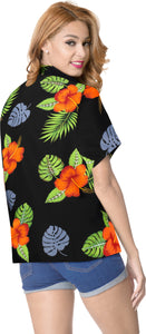 LA LEELA Women's Beach Casual Hawaiian Blouse Short Sleeve button Down Shirt Halloween Black_X38