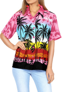 LA LEELA Women's Beach Casual Hawaiian Blouse Short Sleeve button Down Shirt Pink