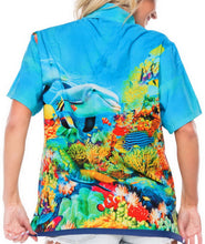 Load image into Gallery viewer, LA LEELA Likre Beach Sealife Turtle Sea Aquarium Print Tops Women&#39;s Camp Shirt Blue 445