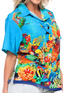 LA LEELA Likre Beach Sealife Turtle Sea Aquarium Print Tops Women's Camp Shirt Blue 445