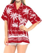 Load image into Gallery viewer, la-leela-womens-beach-casual-hawaiian-blouse-short-sleeves-button-down-shirt-Red-Palm-Tree-printed