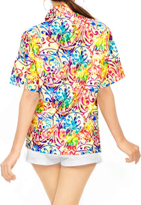 La Leela Women's Blossom Rush Beach Hawaiian Aloha Tropical Relaxed Fit Short Sleeve Blouse Printed  Shirt Multi-Color