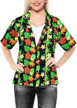 Load image into Gallery viewer, la-leela-womens-hibuscus-bloom-hawaiian-aloha-tropical-beach-relaxed-fit--short-sleeve-blouse-printed-shirt-black