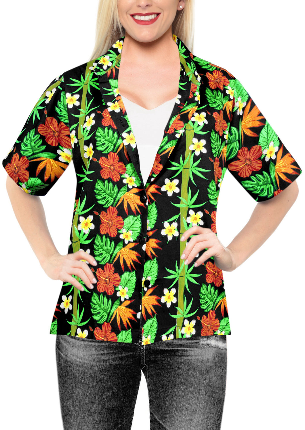 la-leela-womens-hibuscus-bloom-hawaiian-aloha-tropical-beach-relaxed-fit--short-sleeve-blouse-printed-shirt-black
