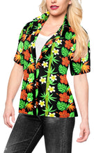 Load image into Gallery viewer, La Leela Women&#39;s Hibuscus Bloom Hawaiian Aloha Tropical Beach Relaxed Fit  Short Sleeve Blouse Printed Shirt Black